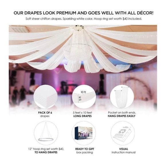 6 Panel Hanging Ceiling White Drapes Curtains Kit 5 Feet X 10 Feet Wedding Party - Picture 2 of 3